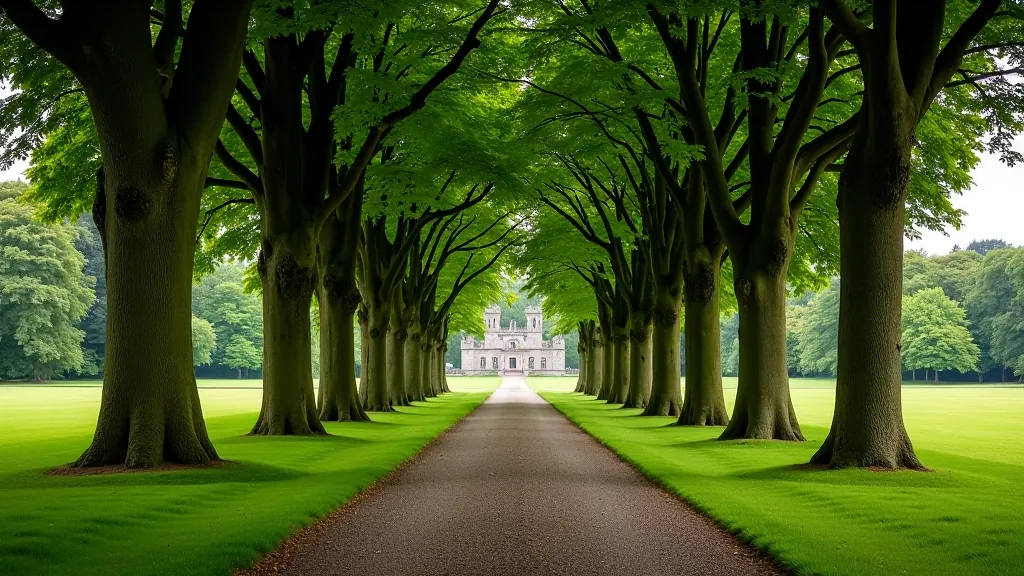 Birr Castle demesne woodland paths with mature oak trees and clear walking routes through parkland