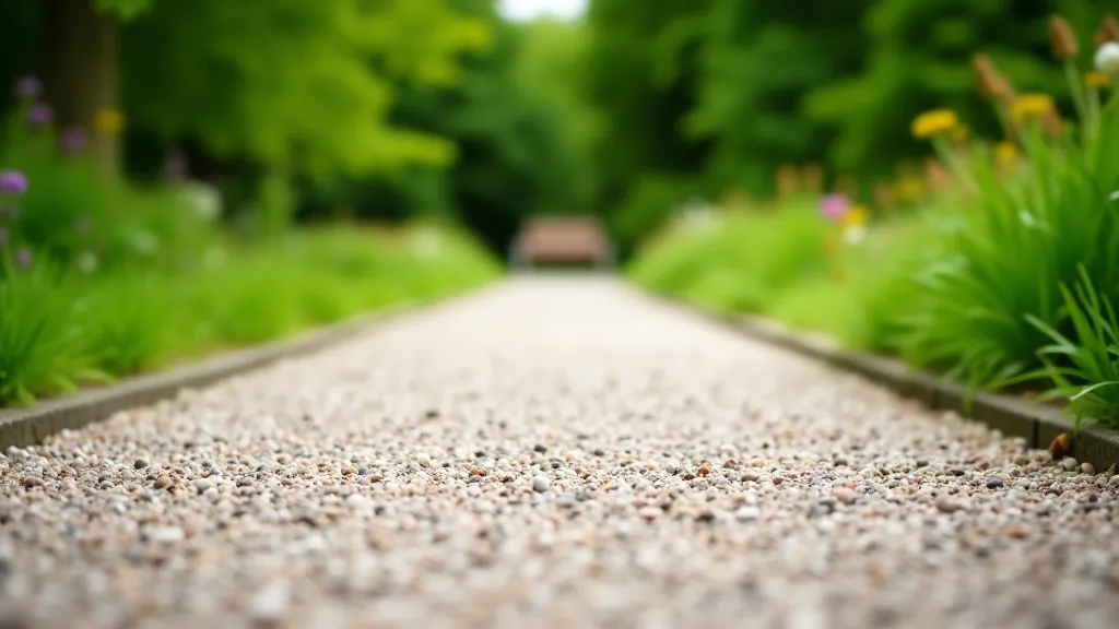Close-up of compacted gravel garden path at Mount Usher with wooden bench visible in background, riverside vegetation on either side