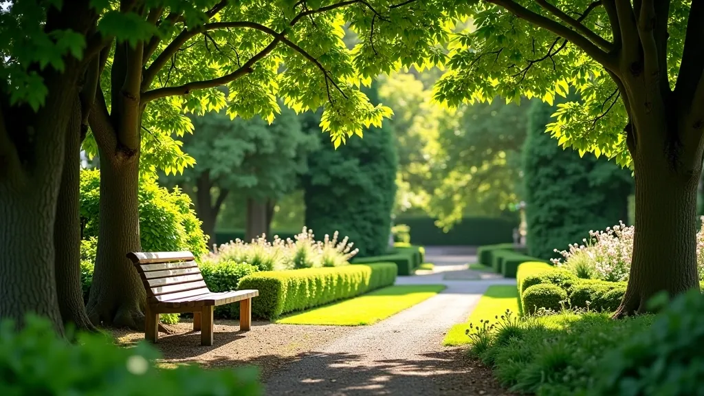 Comfortable seating area within Powerscourt Gardens surrounded by hedges and flowering borders with shade from mature trees