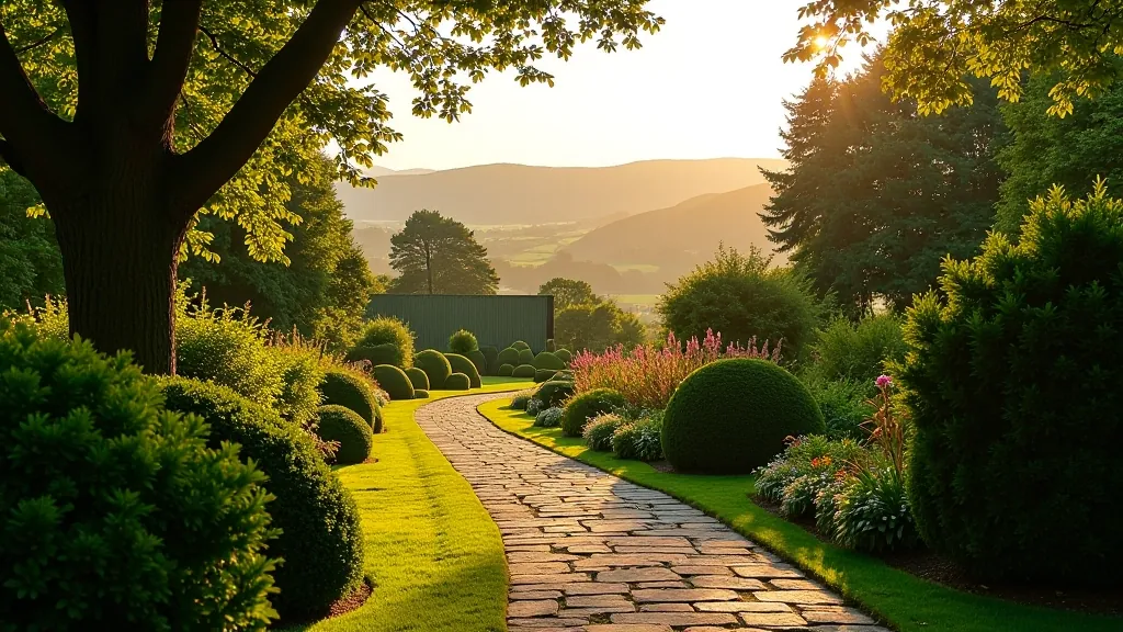 Kilmokea gardens showing stone pathways winding through herb gardens with valley views in background