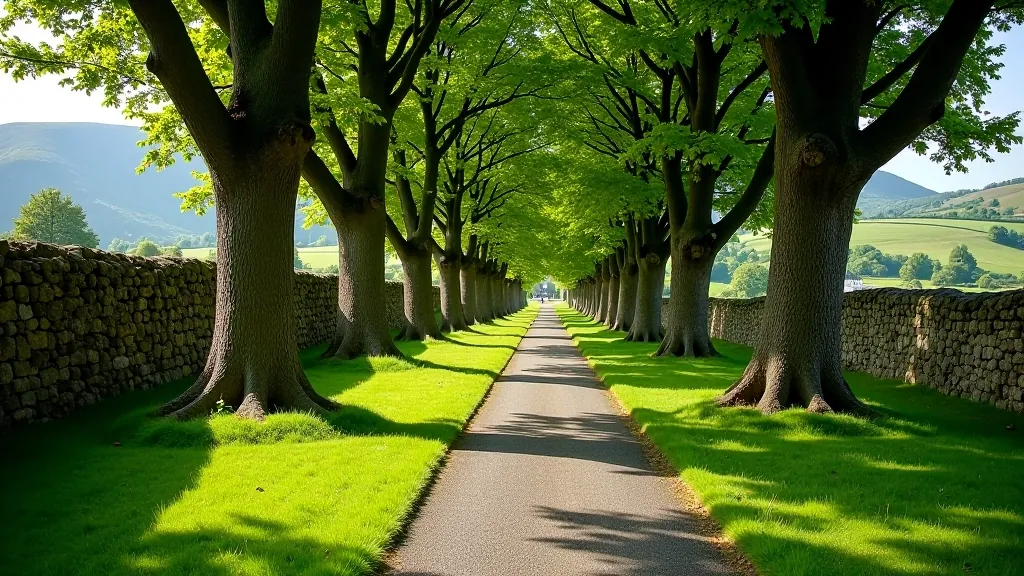 Wicklow and Tipperary heritage estate pathways with stone walls and mature specimen trees
