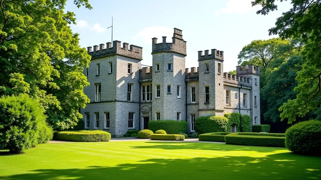 Historic Birr Castle stone exterior with parkland grounds stretching across rolling landscape