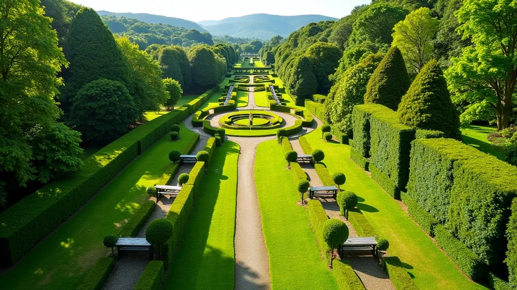 Powerscourt Gardens terraced walkways with manicured hedges and peaceful seating areas for visitors