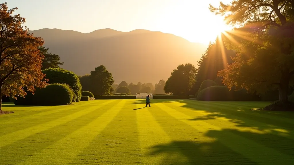 Golden hour lighting at Powerscourt Gardens with long shadows across manicured lawns and mountain views in the distance