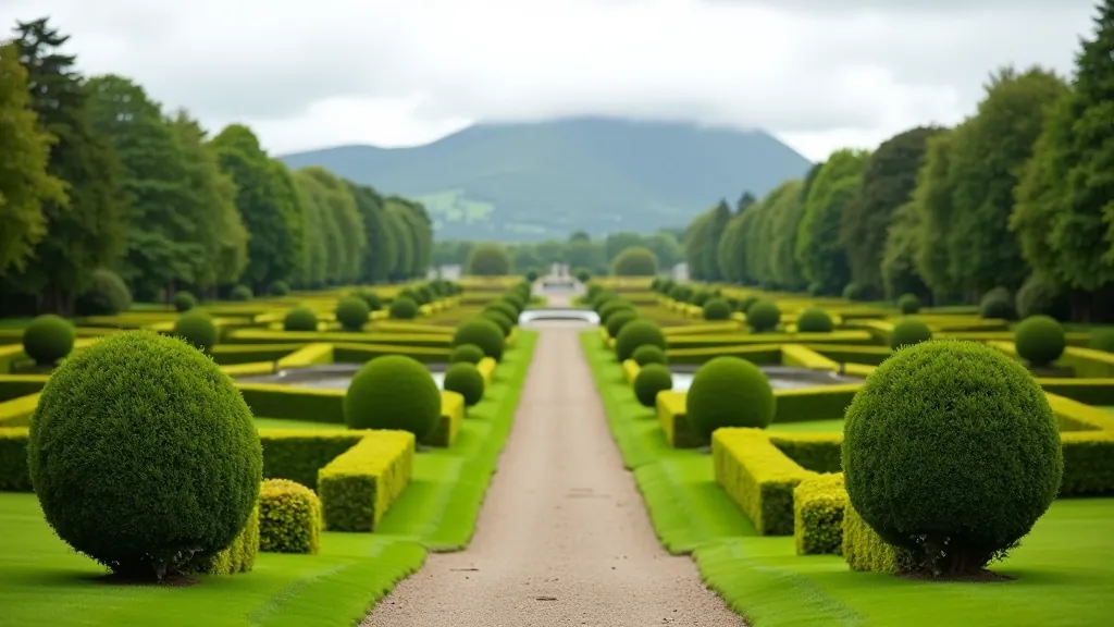 Powerscourt Gardens terraced landscape with formal hedge gardens and sweeping views across the estate grounds