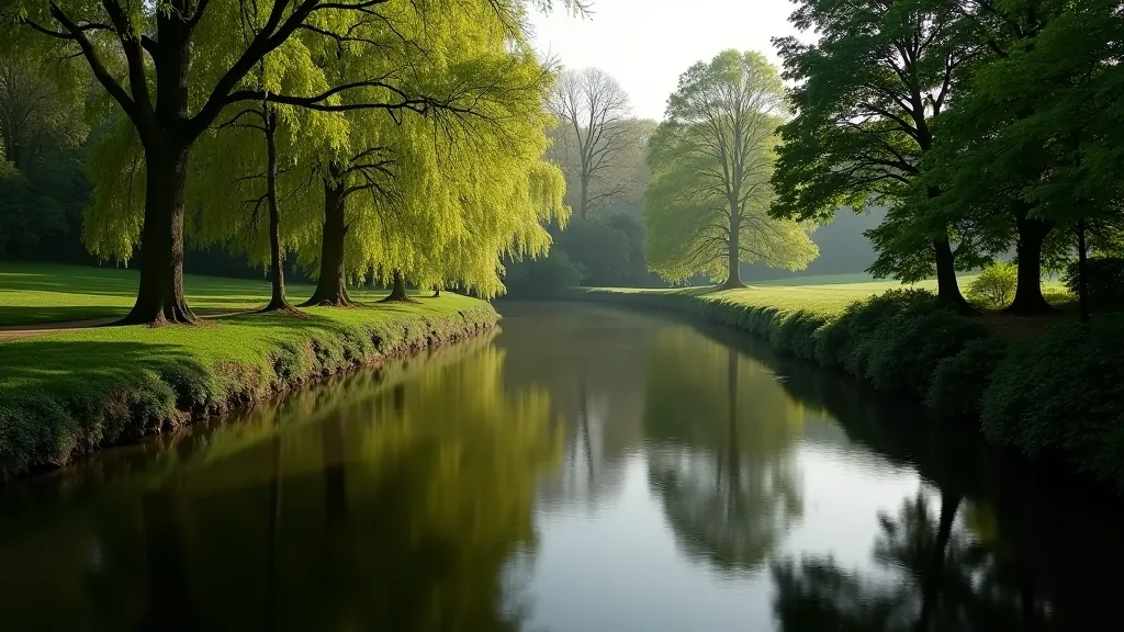 River section at Mount Usher with mature trees reflecting in water, bird watching opportunity, serene water environment