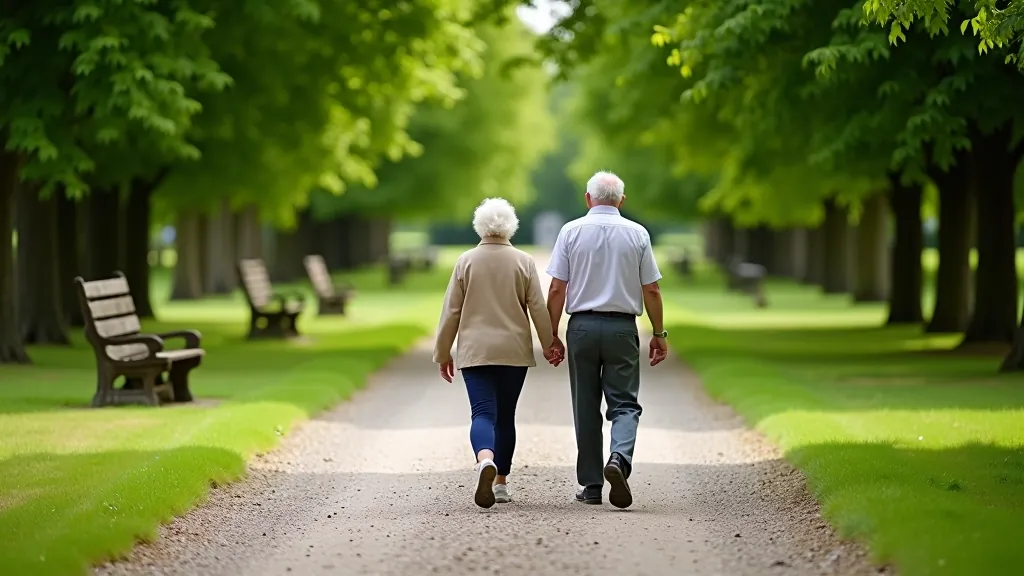 Senior visitors walking slowly along a well-maintained estate path with comfortable pace, benches visible in distance