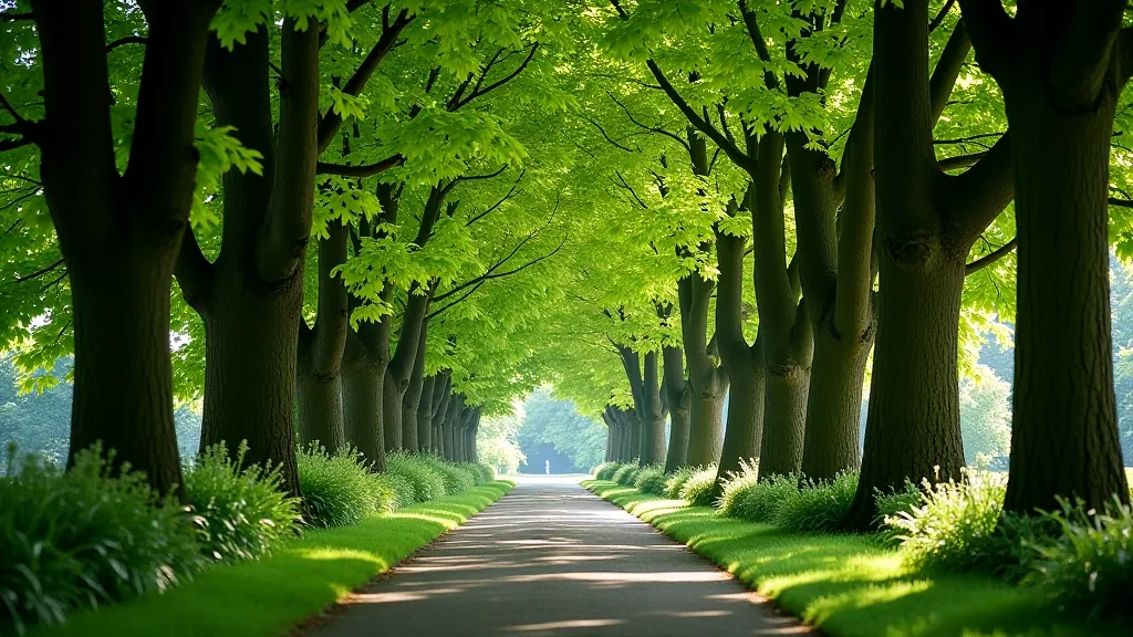 Mature beech and oak trees creating dense canopy over river path, dappled sunlight on walking surface, peaceful shaded environment