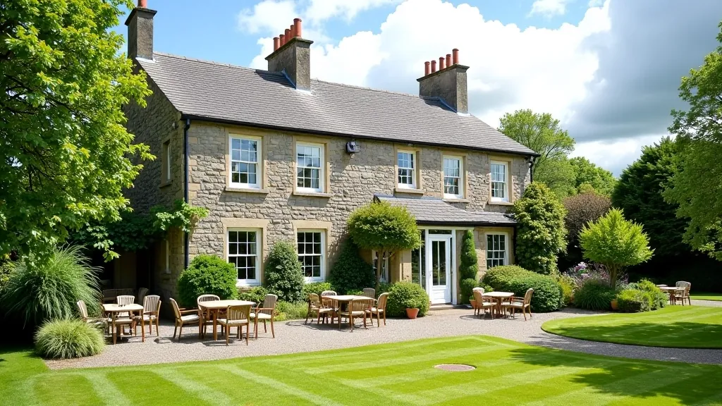 Visitor centre building at Birr Castle with café seating area and peaceful garden setting