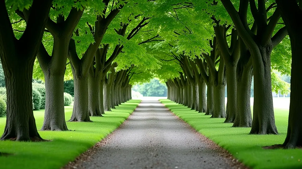 Winding gravel pathway through Mount Usher gardens with mature oak and beech trees providing natural shade, senior visitors on path