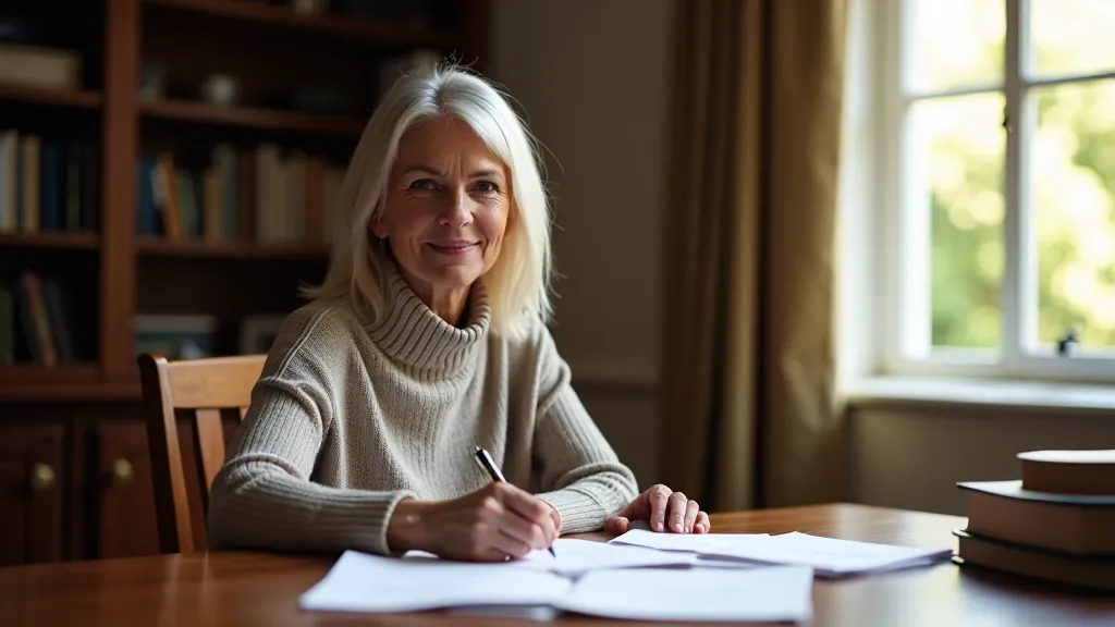 Síle O'Rourke working at her desk with notes and heritage garden documentation, natural light from window, professional home office setting