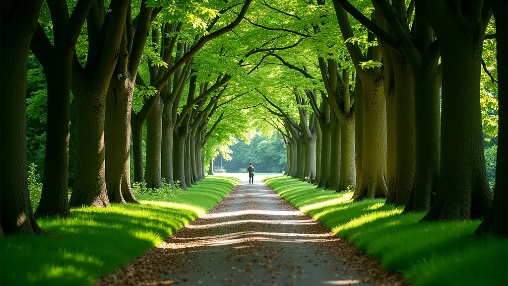 Shaded woodland pathway at Powerscourt Gardens with mature trees creating dappled light and comfortable walking surface