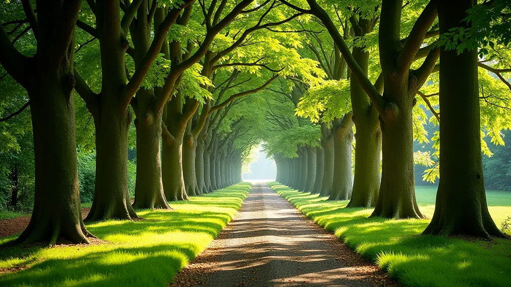 Peaceful woodland path through Birr estate with dappled sunlight filtering through oak tree canopy